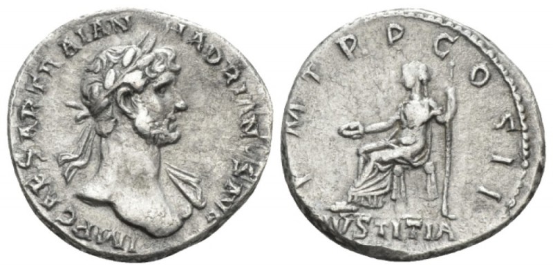 Hadrian, 117-138 Denarius circa 118, AR 18.5mm., 3.43g. Laureate bust r., slight...