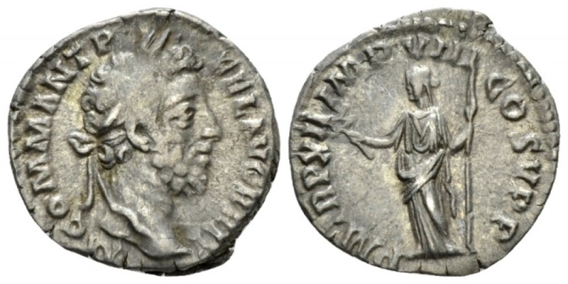 Commodus, 177-192 Denarius circa 186-187, AR 18mm., 2.64g. Laureate head r. Rev....