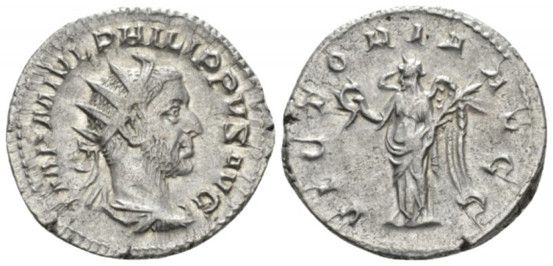 Philip I, 244-249 Antoninianus 244-247, AR 23mm., 3.62g. Radiate, draped, and cu...