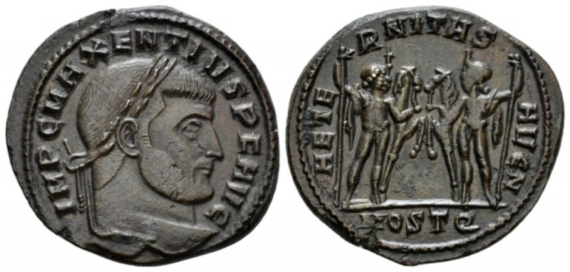 Maxentius, 306-312 Follis Ostia circa 309-312, Æ 26.5mm., 7.23g. Laureate head r...