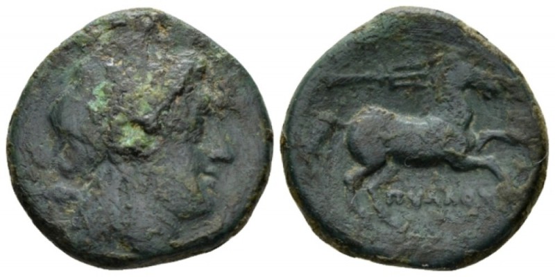 Apulia, Salapia Bronze circa 225-210, Æ 21mm., 7.67g. Laureate head of Apollo r....