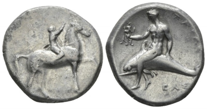 Calabria, Tarentum Nomos circa 280, AR 21mm., 7.59g. Youth on horseback r., crow...