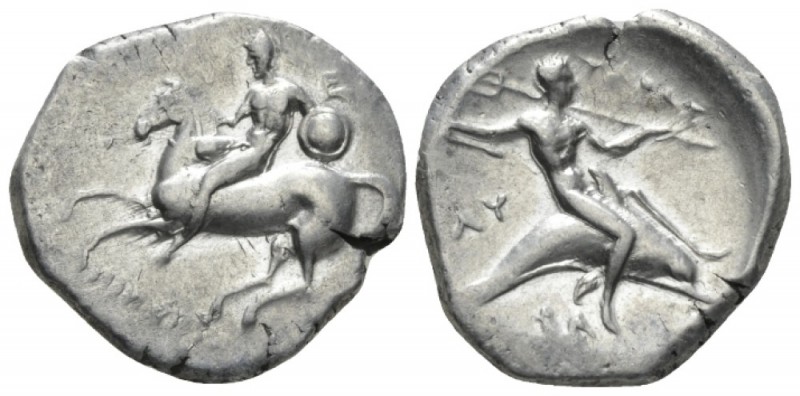 Calabria, Tarentum Nomos circa 280, AR 22mm., 7.83g. Warrior, holding shield and...