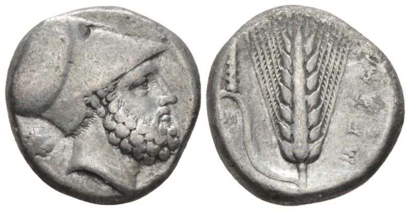 Lucania, Metapontum Nomos circa 340-330, AR 19.5mm., 7.65g. Helmeted head of Leu...