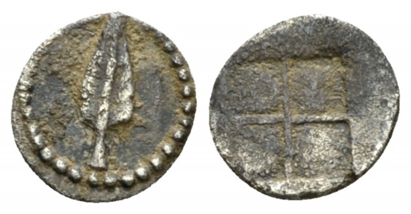 Macedonia, Uncertain mint Hemiobol circa 500-480, AR 7.5mm., 0.26g. Spear-head. ...