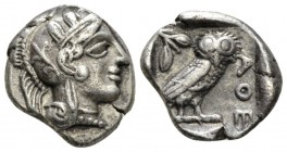 Attica, Athens Drachm after 449, AR 14.5mm., 4.18g. Head of Athena r., wearing earring, necklace, and crested Attic helmet decorated with three olive ...