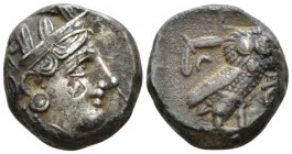 Attica, Athens Tetradrachm circa 353-294, AR 21.5mm., 17.18g. Helmeted head of Athena r. Rev. AΘE Owl standing r., head facing; behind, olive sprig an...