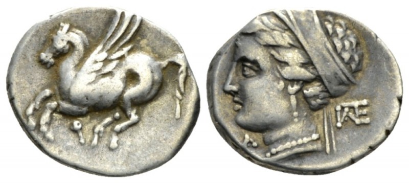 Corinthia, Corinth Drachm circa 350-300, AR 16.5mm., 2.62g. Pegasus flying l. Re...