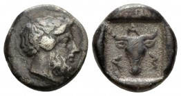 Kingdom of Pontus, Lamponeia Hemidrachm IV cent. BC, AR 12mm., 1.78g. Bearded head of Dionysos r. Rev. Bucranium within shallow incuse square. BMC 2. ...