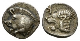 Mysia, Cyzicus Diobol circa 525-475, AR 10mm., 0.76g. Forepart of boar l.; tunny fish r. Rev. Head of roaring lion l. within incuse square. Von Fritze...