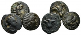 Islands off Caria, Rhodes Lot of three bronzes: circa 167-88, Æ 11mm., 4.14g. Radiate head of Helios r. Rev. Rose with bud to r. SNG von Aulock 2835 a...