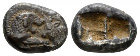 Lydia, Sardes 1/6 Stater circa 550-546, AR 11mm., 1.72g. Confronted foreparts of lion r. and bull l. Rev. Two incuse square punches of unequal size. B...