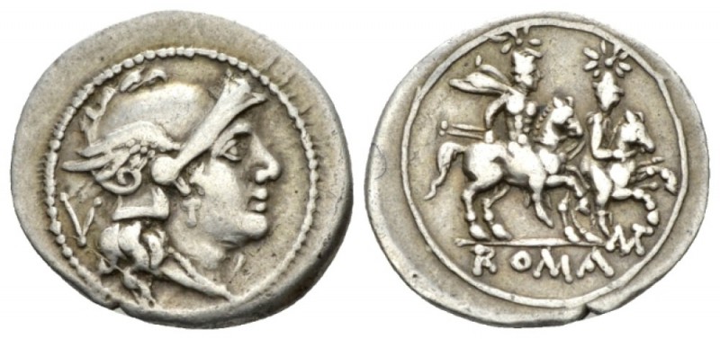 Quinarius Apulia 211-210, AR 16.5mm., 2.11g. Helmeted head of Roma r.; behind, V...