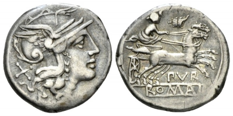 Furius Purpurio. Denarius circa 169-158, AR 17.5mm., 3.45g. Helmeted head of Rom...