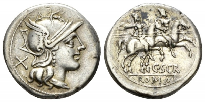 C. Scribonius. Denarius circa 154, AR 17.5mm., 3.81g. Helmeted head of Roma r.; ...