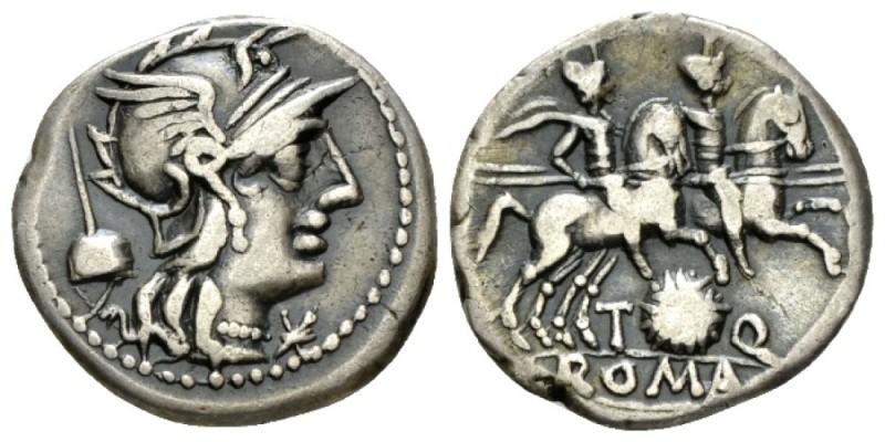 T. Quinctius Flamininus. Denarius circa 126, AR 17.5mm., 3.80g. Helmeted head of...