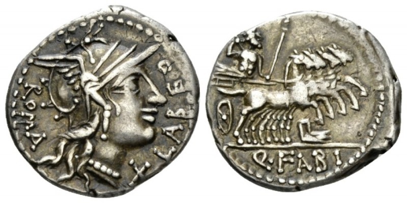 Q. Fabius Labeo. Denarius circa 124, AR 18mm., 3.89g. Helmeted head of Roma r.; ...