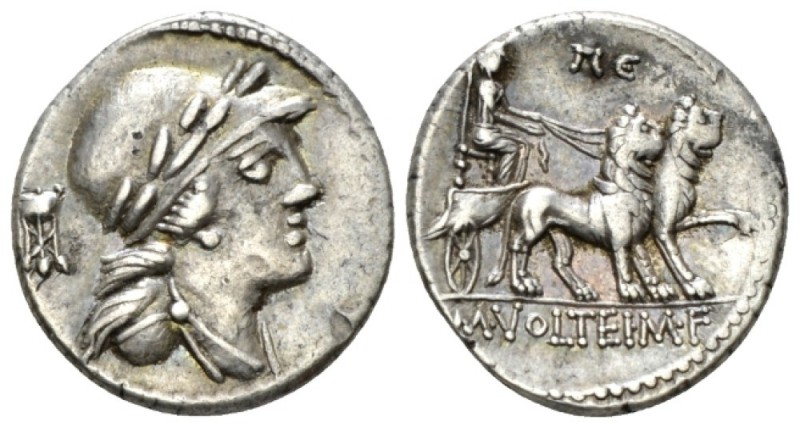 M. Volteius M.f. Denarius circa 78, AR 16.5mm., 3.90g. Draped male bust r., wear...