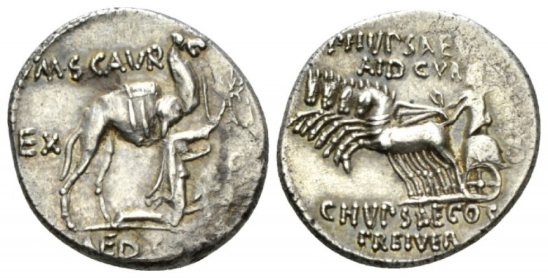 M. Aemilius Scaurus, P. Plautius Hypsaeus. Denarius circa 58, AR 17.5mm., 4.01g....