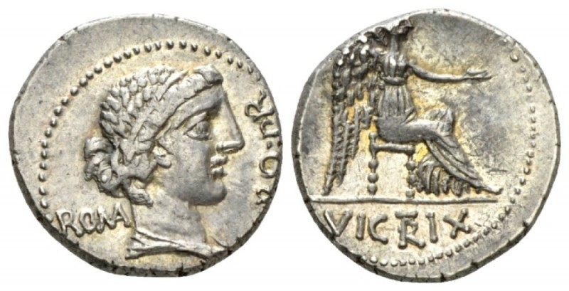 M. Porcius Cato. Denarius Utica circa 47-46, AR 17.5mm., 3.90g. Draped female bu...