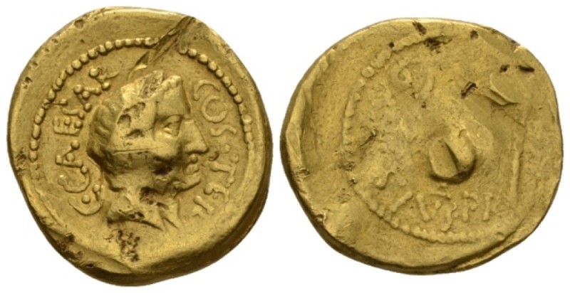 Julius Caesar and A. Hirtius Praetor. Aureus circa 46, AV 20.5mm., 7.85g. C CAES...