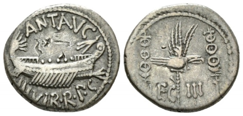 M. Antonius. Denarius int moving with Antonius 32-31, AR 17.5mm., 3.66g. Ship r....