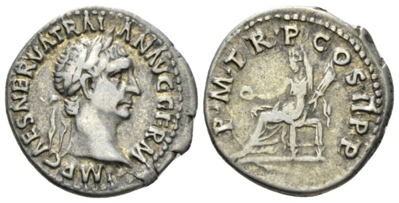 Trajan, 98-117 Denarius circa 98-99, AR 19mm., 3.50g. Laureate head r. Rev. Vest...