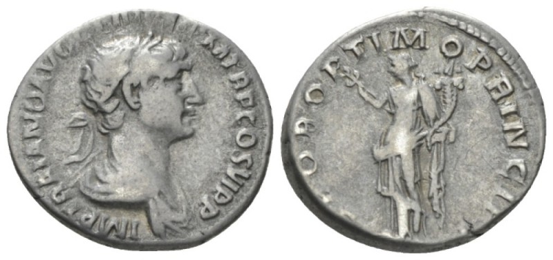 Trajan, 98-117 Denarius circa 112-114, AR 20mm., 3.32g. Laureate and draped bust...