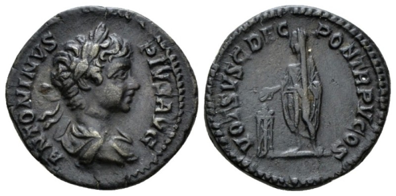 Caracalla, 198-217 Denarius circa 202, AR 19mm., 3.24g. Laureate and draped bust...