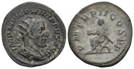 Philip I, 244-249 Antoninianus circa 245, AR 23mm., 4.15g. Radiate, draped and cuirassed bust r. Rev. Philip I seatd l on curule chair, holding globe ...