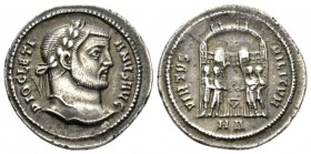 Diocletian, 284-305 Argenteus Heraclea circa 295, AR 19.5mm., 2.96g. DIOCLETIANVS AVG Laureate bust r. Rev. VIRTVS MILITVM Four tetrarchs sacrificing ...