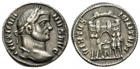 Maximianus Herculius, first reign 286-305 Argenteus Treveri circa 294, AR 18.5mm., 2.88g. MAXIMIA - NVS AVG Laureate head r. Rev. VIRTVS - MILITVM Six...
