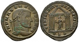 Maxentius, 306-312 Follis circa 307, Æ 24mm., 6.73g. Laureate head r. Rev. Carthage standing l., holding fruit in both hands, all within a hexastyle t...