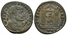 Maxentius, 306-312 Follis Aquileia circa 307-308, Æ 24.5mm., 6.67g. Laureate bust r., wearing imperial mantle, holding eagle-tipped scepter. Rev. Roma...
