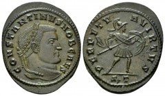Constantine I Caesar, 304-307. Follis Ticinum circa 307, Æ 25mm., 5.60g. Laureate head r. Rev. Mars advancing r, holding spear and round shield; in ex...
