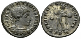 Constantine II Caesar, 316-337 Follis Londinium circa 318, Æ 19.5mm., 3.18g. Laureate and cuirassed bust r. Rev. Sol standing l. raising hand and hold...