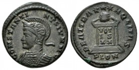 Constantine II Caesar, 316-337 Follis Londinium circa 321-322, Æ 19mm., 3.95g. Helmeted and cuirassed bust l. Rev. Globe set on altar inscribed VOT/IS...