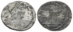 Constans, 337-350 Follis Antioch circa 337-347, AR 17.5mm., 1.42g. Pearl-diademed head r. Rev. GLORIA EXERCITVS Two soldiers standing facing, holding ...
