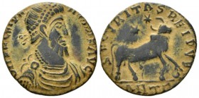 Julian II, 360-363 Follis Antioch circa 361-363, Æ 24mm., 6.84g. Pearl-diademed, draped, and cuirassed bust r. Rev. Bull standing right; above, two st...