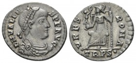Valens, 364-378 Siliqua Treveri circa 367-375, AR 18mm., 2.12g. Pearl-diademed, draped, and cuirassed bust r. Rev. Roma seated l. on throne, holding V...