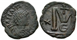 Anastasius I, 491-518 Follis Constantinople circa 491-518, Æ 24.5mm., 11.22g. D N ANASTASIVS P P AVG Diademed, draped and cuirassed bust r. Rev. Large...