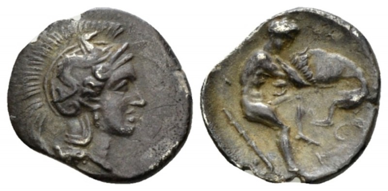 Calabria, Tarentum Diobol circa 380-325, AR 13mm., 1.12g. Head of Athena r., wea...