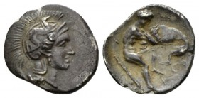 Calabria, Tarentum Diobol circa 380-325, AR 13mm., 1.12g. Head of Athena r., wearing helmet decorated with hippocamp. Rev. Herakles standing r. wrestl...