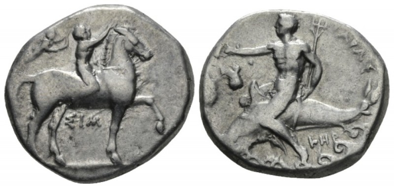 Calabria, Tarentum Nomos circa 350-325, AR 22mm., 7.76g. Horse stepping r. crown...