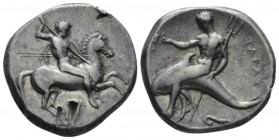 Calabria, Tarentum Nomos circa 325-281, AR 21.5mm., 7.85g. Warrior, preparing to cast spear held in r. hand, holding two spears and shield in l., on h...