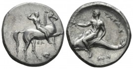 Calabria, Tarentum Nomos circa 325-281,, AR 21mm., 7.61g. Nude youth, crowning himself, on horseback r.; below, ΣA above/Ionic capital. Rev. Oecist, h...