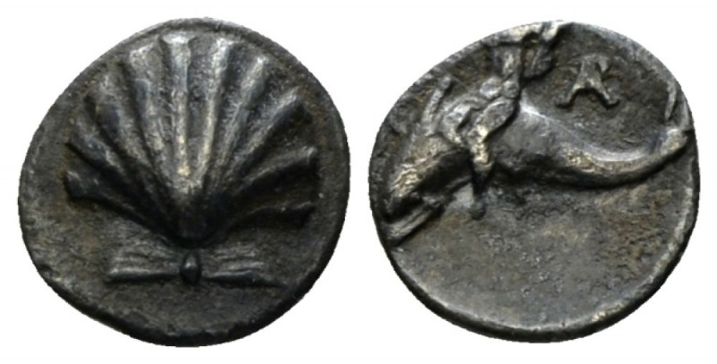 Calabria, Tarentum Litra circa 325-280, AR 9.5mm., 0.69g. Cockle shell. Rev. Dol...