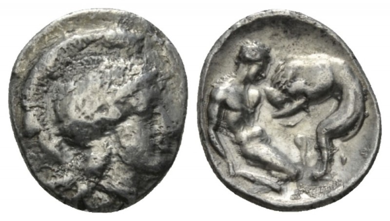 Calabria, Tarentum Diobol circa 280-228, AR 10mm., 1.06g. Helmeted head of Athen...
