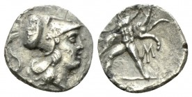Calabria, Tarentum Diobol circa 280-228, AR 11.5mm., 0.90g. Helmeted head of Athena r., helmet decorated with a serpent. Rev. Herakles standing facing...