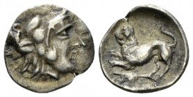Lucania, Heraclea Diobol circa 432-420, AR 12mm., 0.99g. Head of Herakles r., wearing lion skin. Rev. Lion crouching l. Historia Numorum Italy 1358. S...